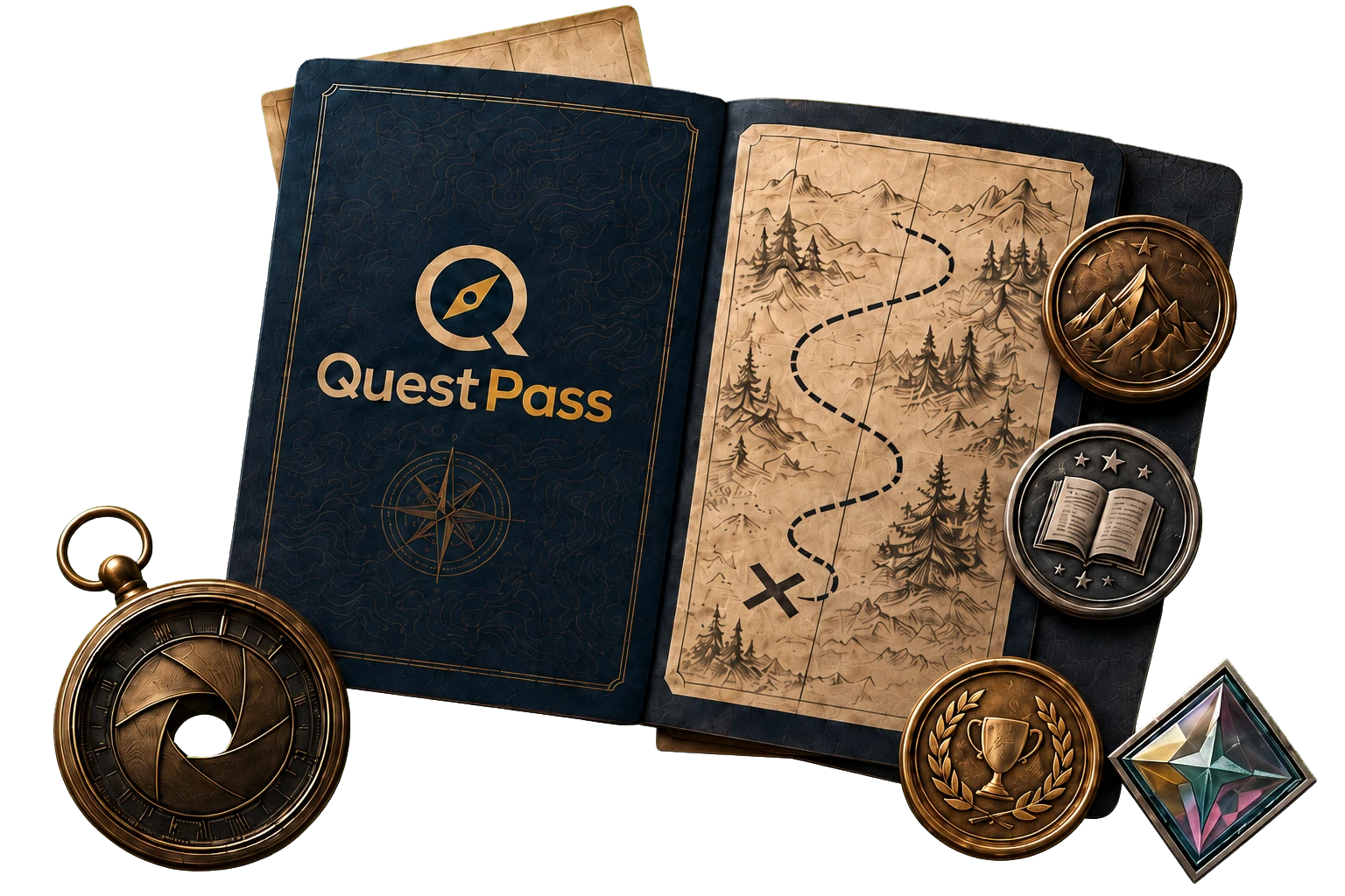 Nyitott QuestPass útlevél térképpel, iránytűvel és bronz, ezüst, arany, valamint gyémánt pecsétekkel
